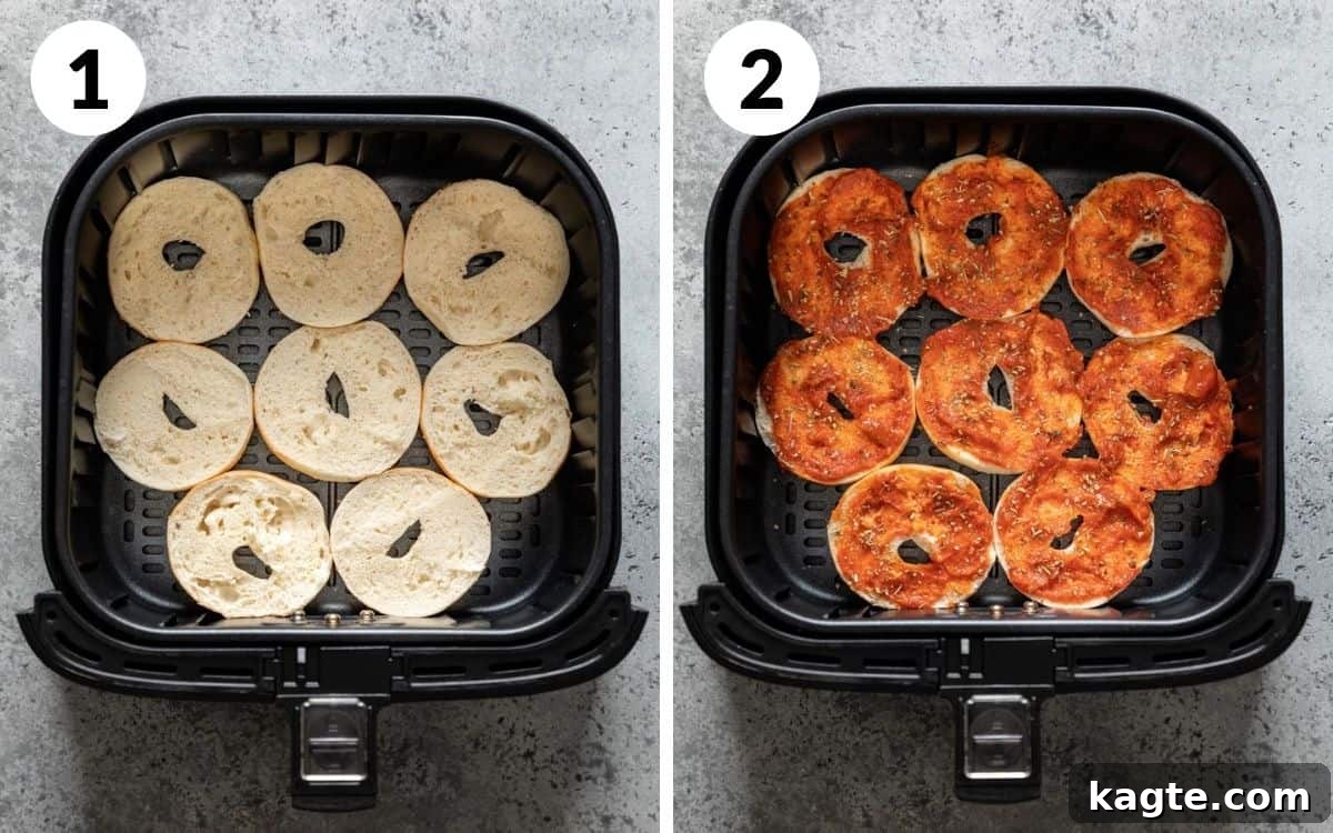 Crispy Air Fryer Bagel Bites Frozen and Fresh 4 Two images side-by-side. The first shows bagel halves neatly arranged in an air fryer basket. The second shows a thin layer of sauce and Italian seasoning applied to each bagel half, demonstrating preparation steps 1 and 2.