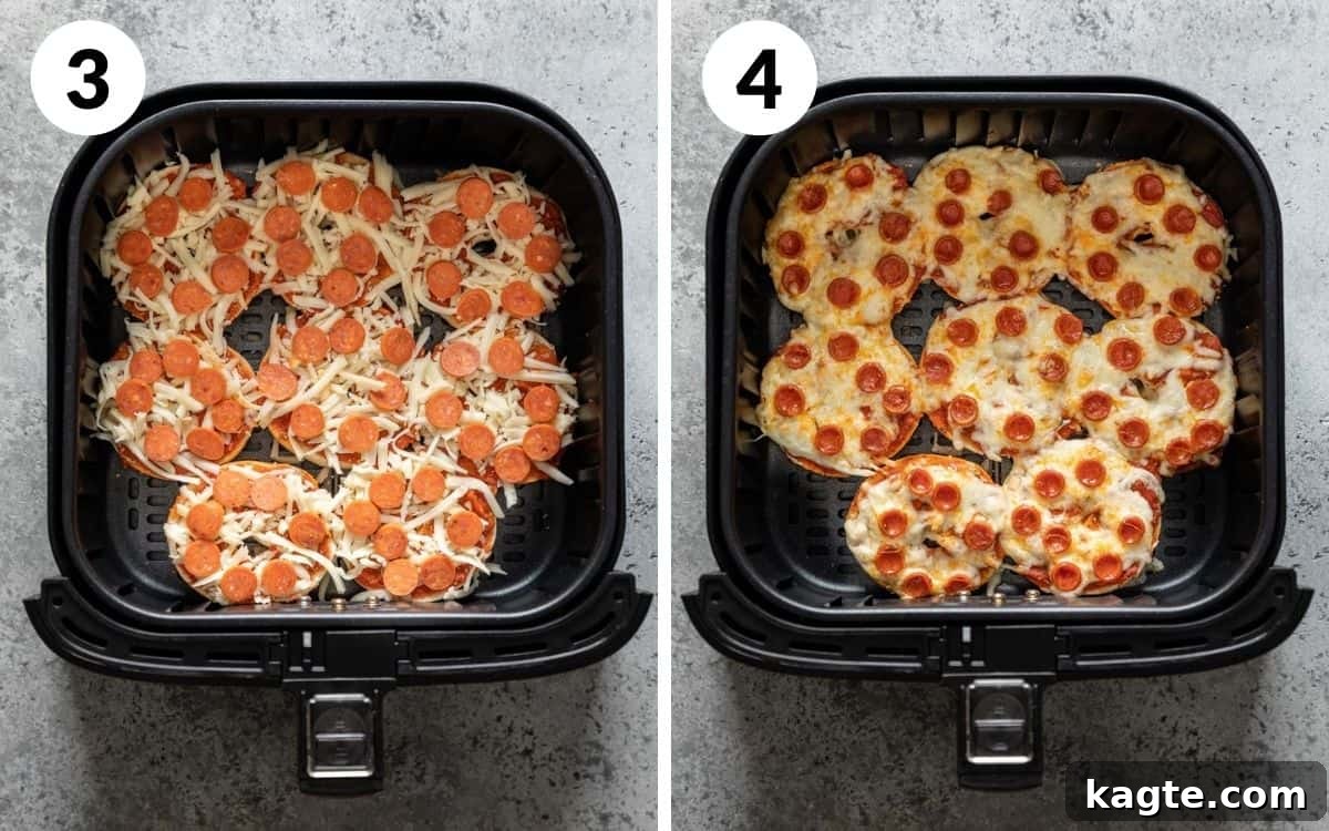 Crispy Air Fryer Bagel Bites Frozen and Fresh 5 Two images side-by-side. The first shows bagel halves topped with cheese and mini pepperonis, ready for cooking. The second displays perfectly air-fried bagel bites inside the air fryer basket, with melted cheese and crispy edges, showcasing steps 3 and 4.