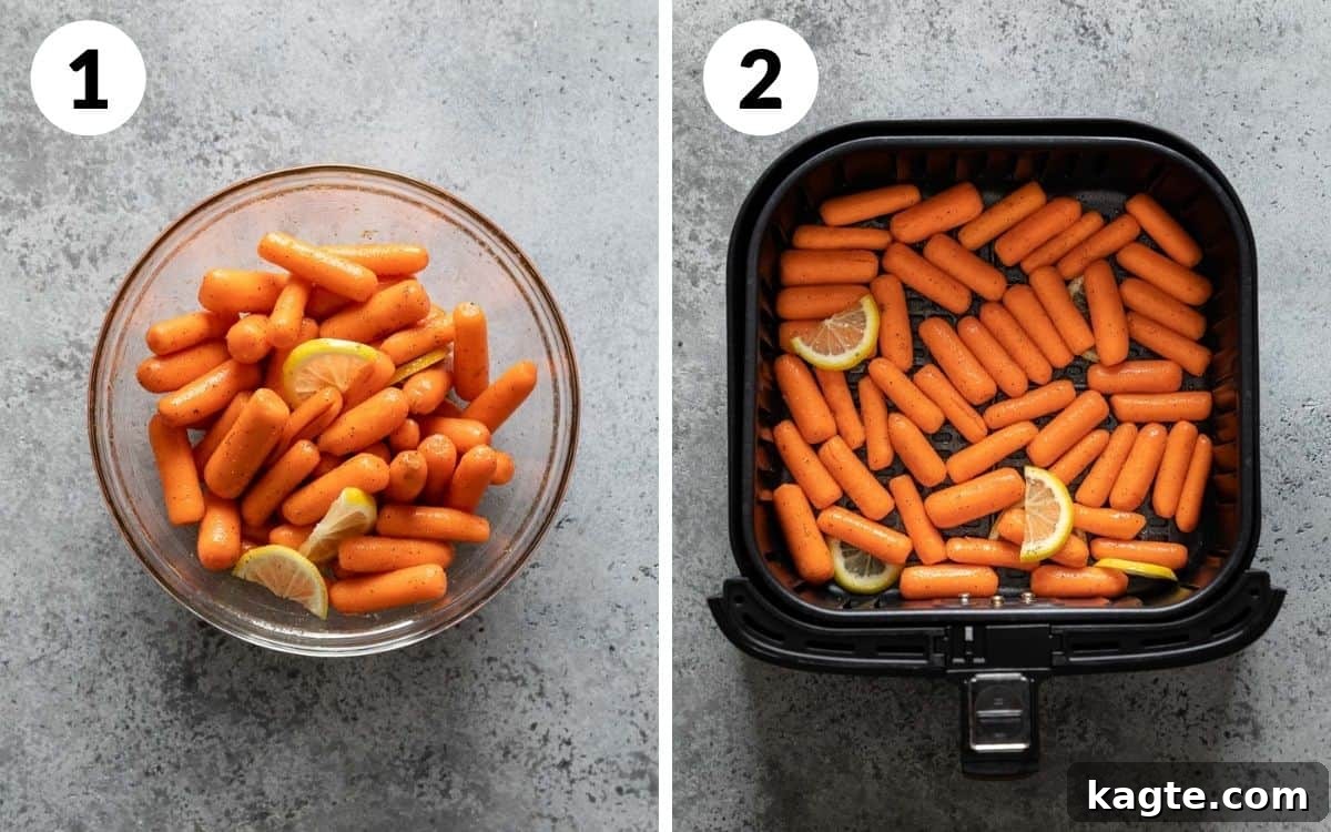 Image displaying baby carrots coated in olive oil and seasonings in a mixing bowl, followed by the seasoned carrots arranged in a single layer inside an air fryer basket, ready for cooking.