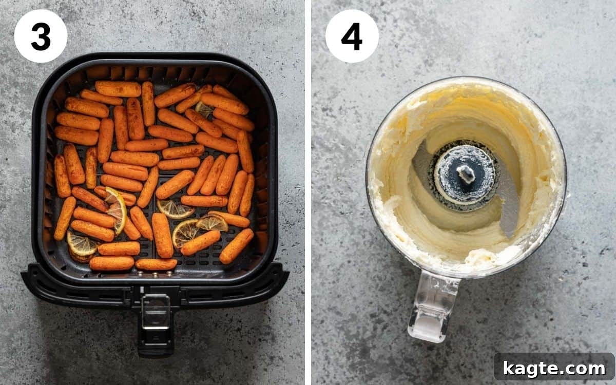 Image showing perfectly roasted carrots in an air fryer basket and the process of making creamy whipped feta in a food processor, highlighting the two main components of the dish.