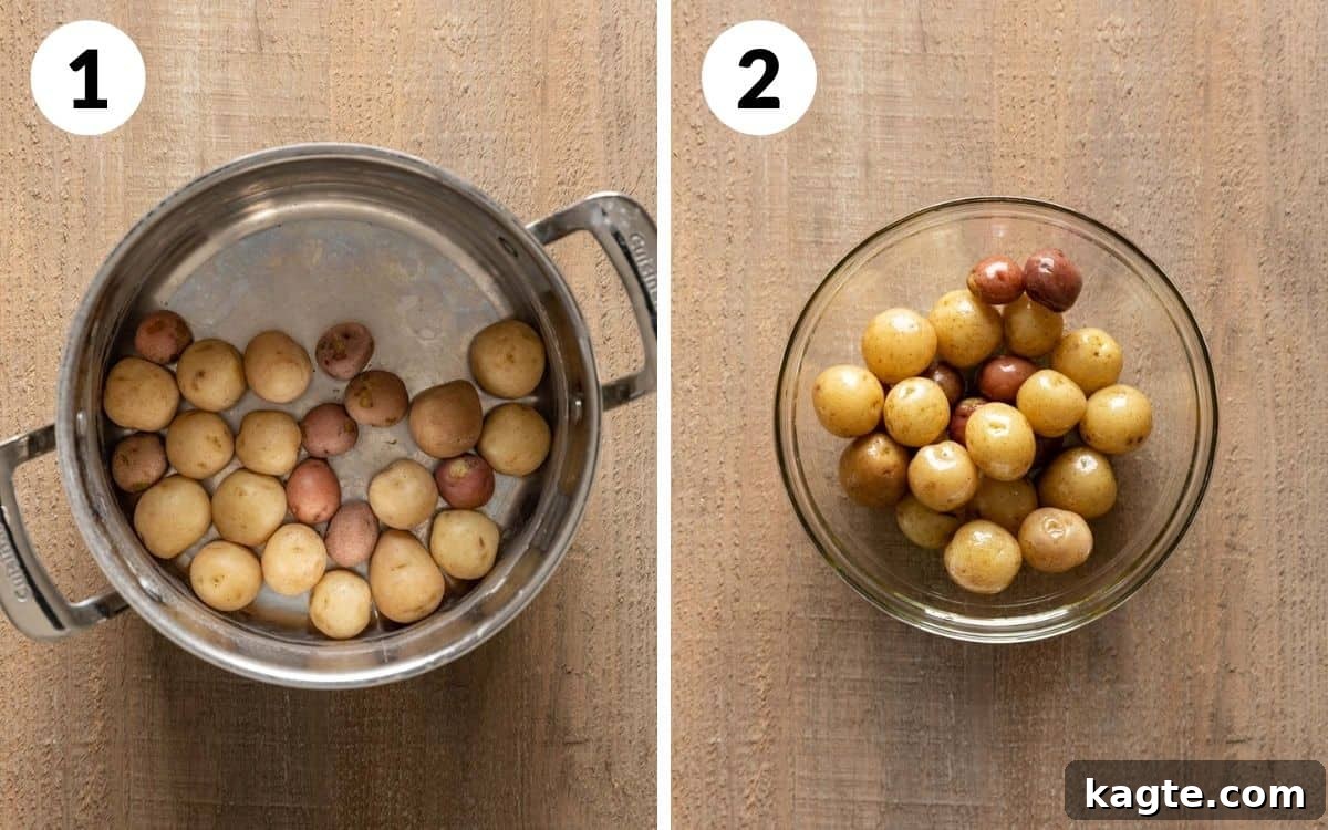 Golden Smashed Air Fryer Potatoes 4 Two images side by side: one showing parboiled potatoes in a pot, the other showing parboiled potatoes gently tossed with olive oil in a bowl.