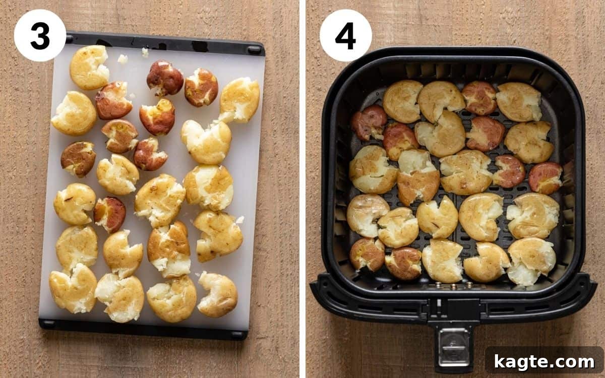 Golden Smashed Air Fryer Potatoes 5 Two images side by side: one showing smashed potatoes on a cutting board, the other showing smashed potatoes arranged in a single layer in an air fryer basket.