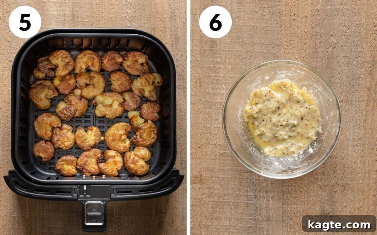 Golden Smashed Air Fryer Potatoes 6 Two images side by side: one showing crispy smashed potatoes in an air fryer basket, the other showing the garlic parmesan herb butter mixture in a small bowl.