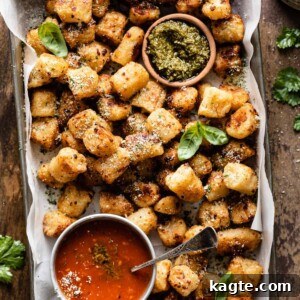A plate of golden, crispy air-fried Trader Joe's cauliflower gnocchi, garnished with fresh herbs and a sprinkle of Parmesan.