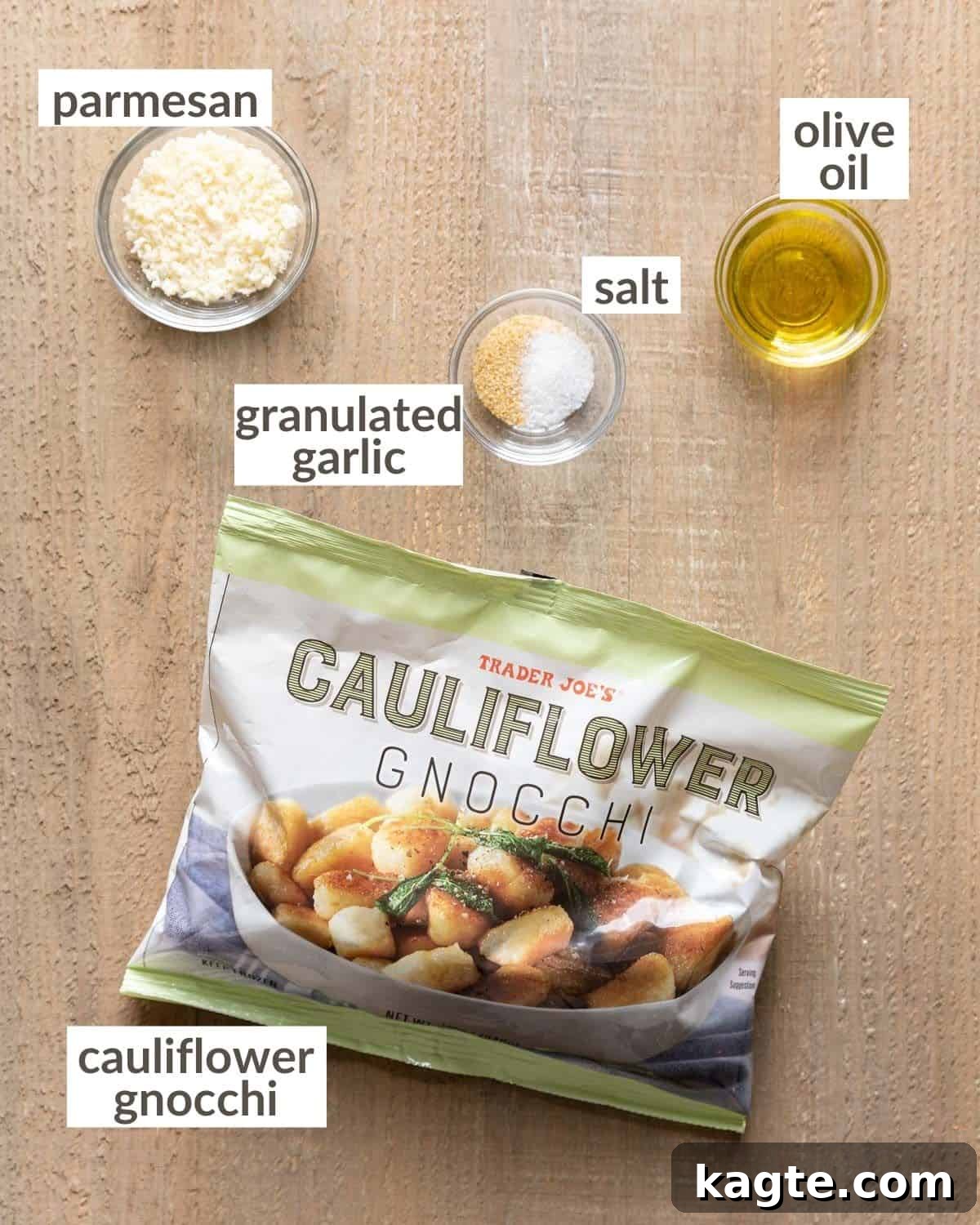 All the simple ingredients for air frying Trader Joe's cauliflower gnocchi laid out: frozen gnocchi, olive oil, parmesan, and garlic powder.