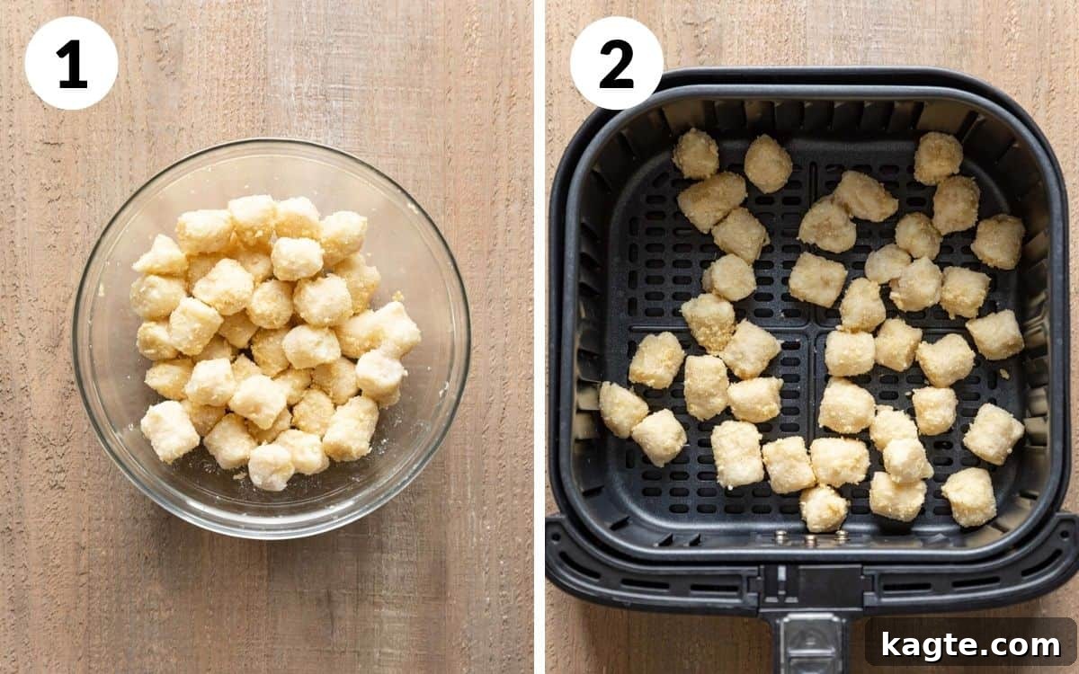 Side-by-side images showing step 1: frozen cauliflower gnocchi being tossed with olive oil and parmesan in a bowl, and step 2: the seasoned gnocchi arranged in a single layer in an air fryer basket.