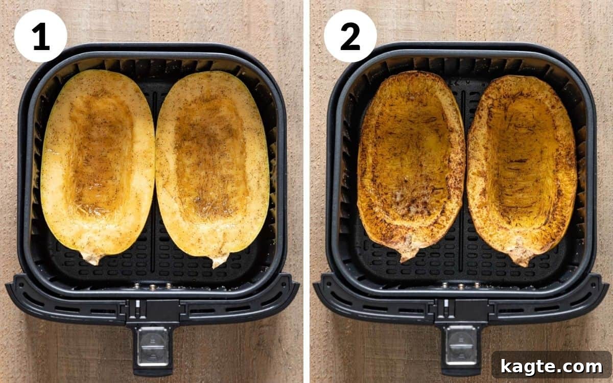 Effortless Air Fryer Spaghetti Squash 4 steps 1 & 2
spaghetti squash cut-side up in air fryer basket
air fried spaghetti squash
