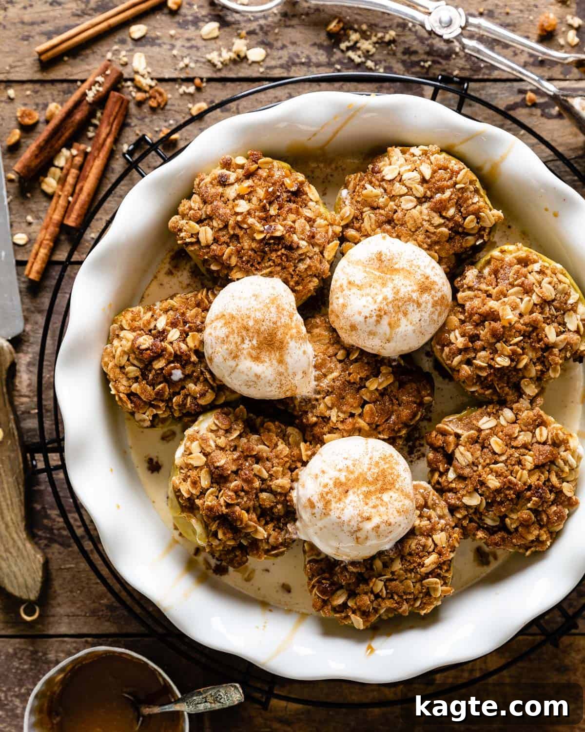 Air Fryer Apple Oat Crumble 2 Overhead image of air fryer apples with garnish.