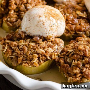 Air Fryer Apple Oat Crumble 8 Close-up overhead image of air fryer apples with crumble topping and ice cream.