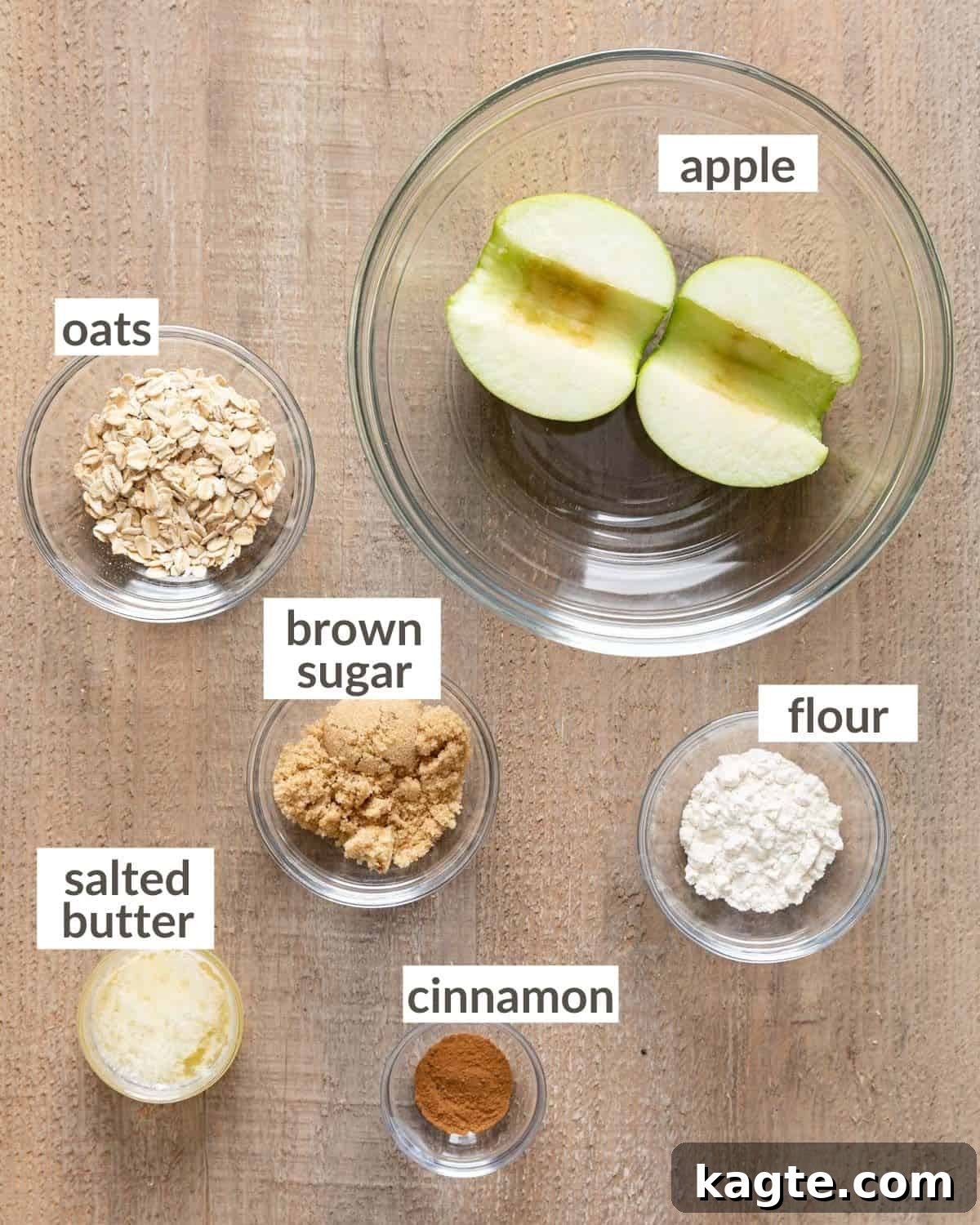 Air Fryer Apple Oat Crumble 3 Overhead image of ingredients needed for air fryer apples.