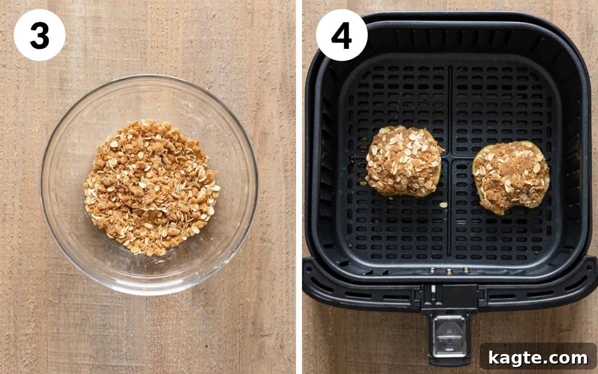 Air Fryer Apple Oat Crumble 5 A 2 photo collage showing the mid steps of air fryer apples recipe.