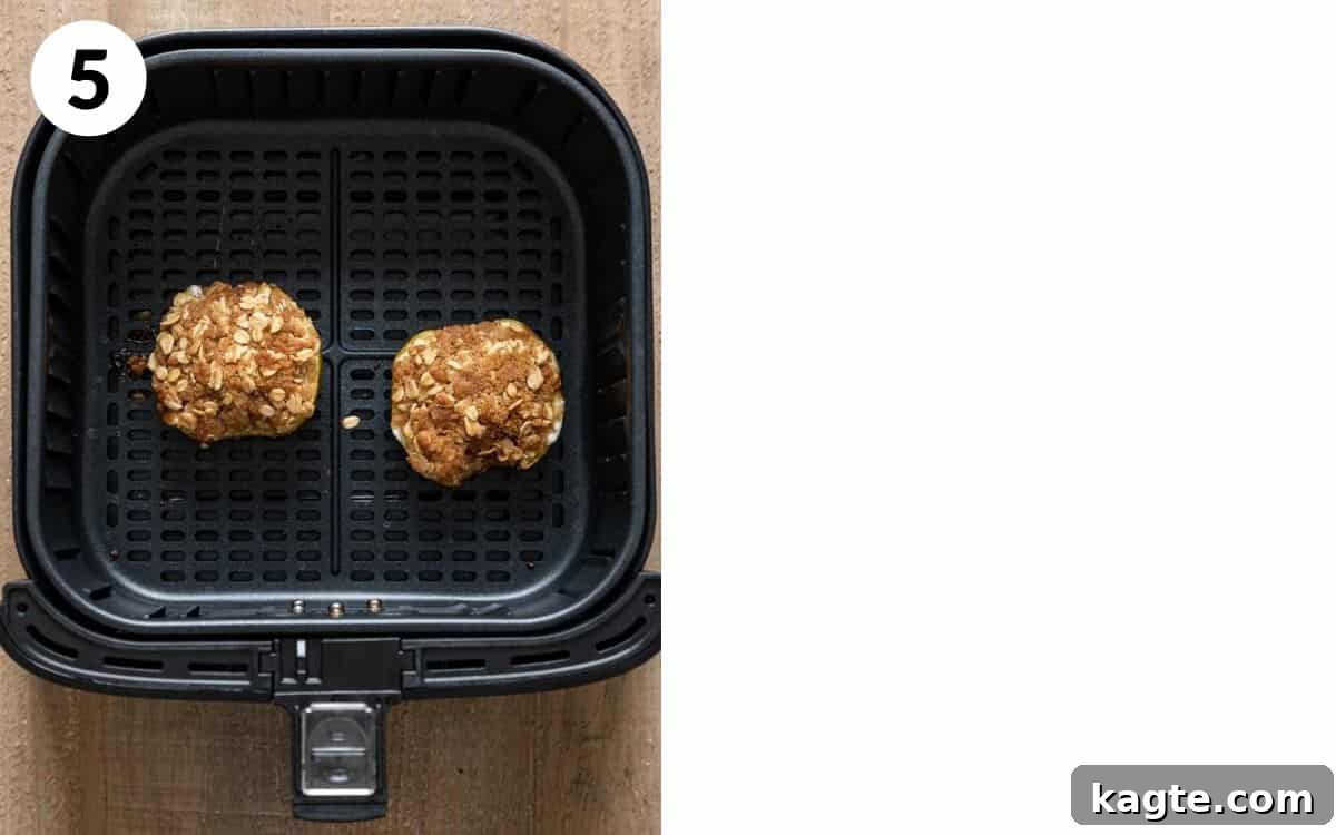 Air Fryer Apple Oat Crumble 6 Photo showing the 5th and final step of air fryer apples recipe.