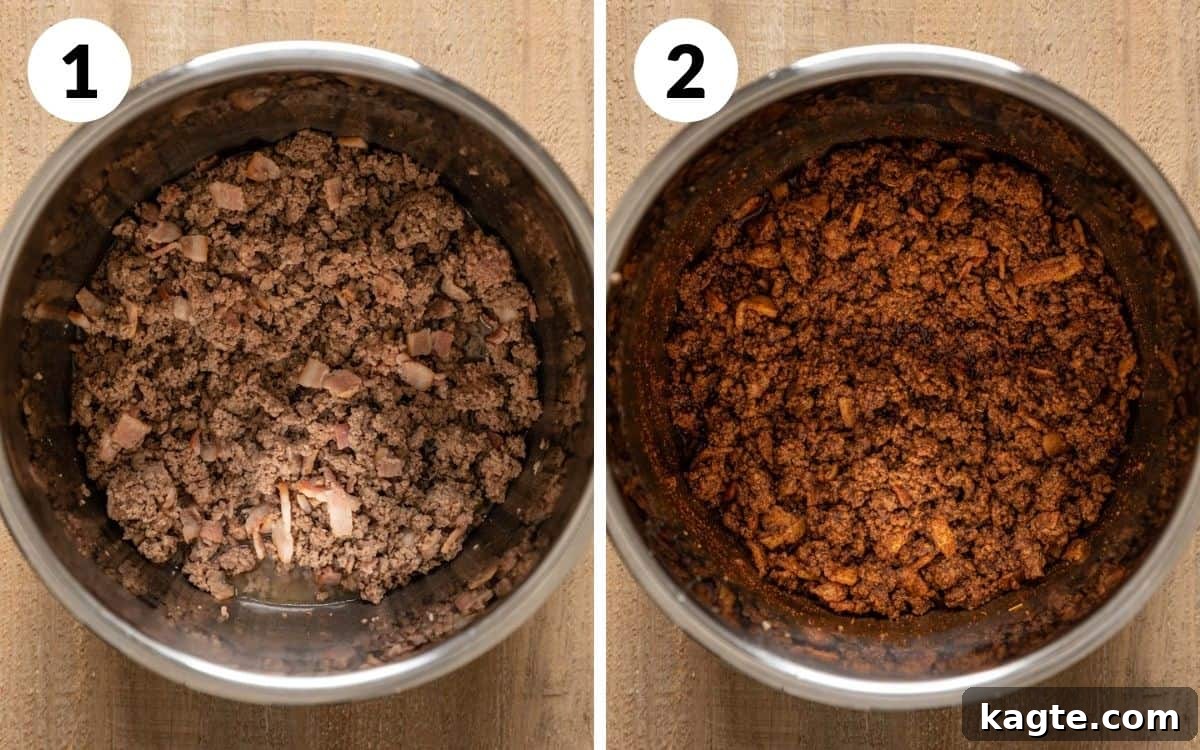 steps 1 & 2: detailed images showing bacon and beef browning in the instant pot, followed by the addition and sautéing of fragrant spices