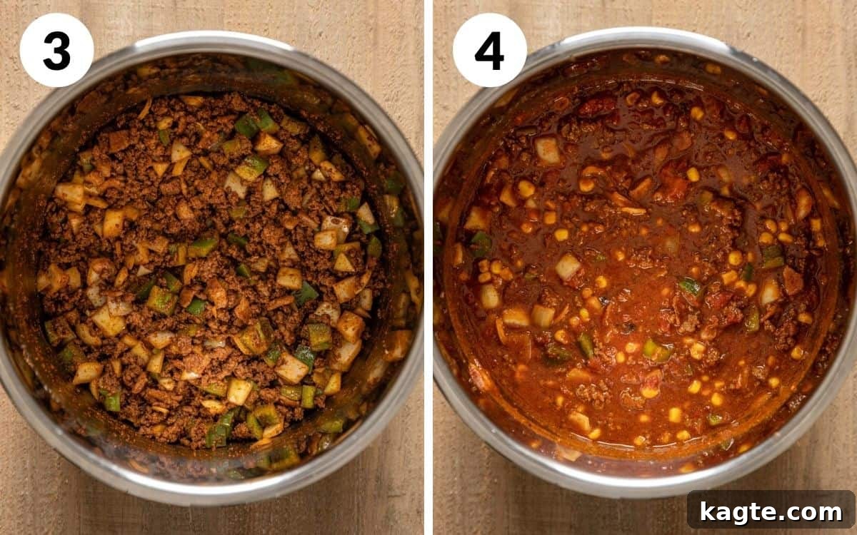 steps 3 & 4: images showing the addition of peppers and onions to the seasoned meat, followed by all the liquid ingredients being stirred into the Instant Pot