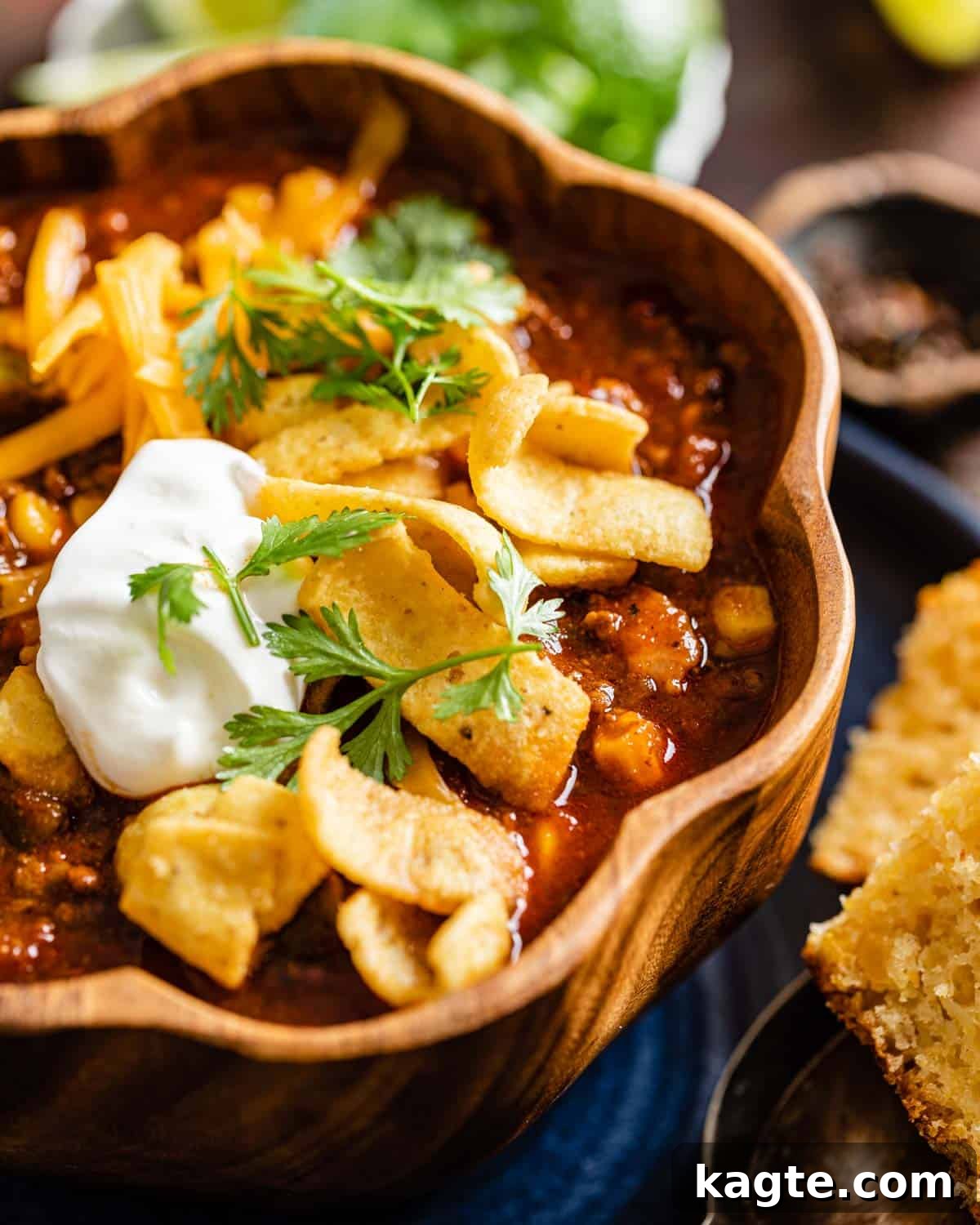 side view of a generous bowl of no-bean chili, perfectly garnished and ready to be enjoyed