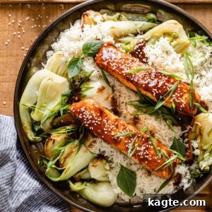 Easy Air Fryer Teriyaki Salmon 7 Air Fryer Teriyaki Salmon served over rice with bok choy