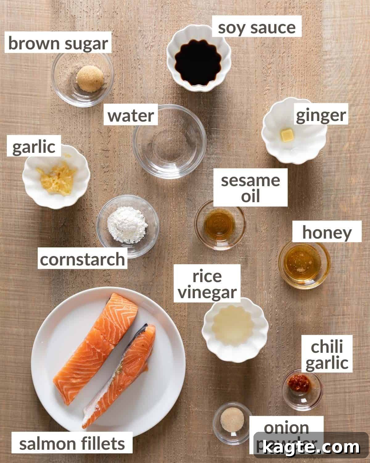 Easy Air Fryer Teriyaki Salmon 3 overhead of ingredients for teriyaki salmon air fryer
