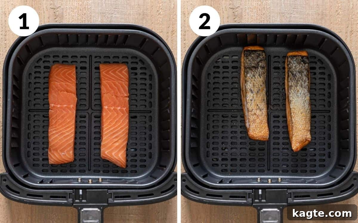 Easy Air Fryer Teriyaki Salmon 4 steps 1 & 2
salmon fillets in the air fryer basket
cooked salmon skin side up in air dryer