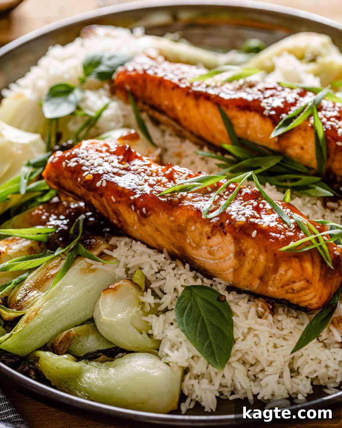 Easy Air Fryer Teriyaki Salmon 6 side view up close shot of teriyaki salmon air fryer