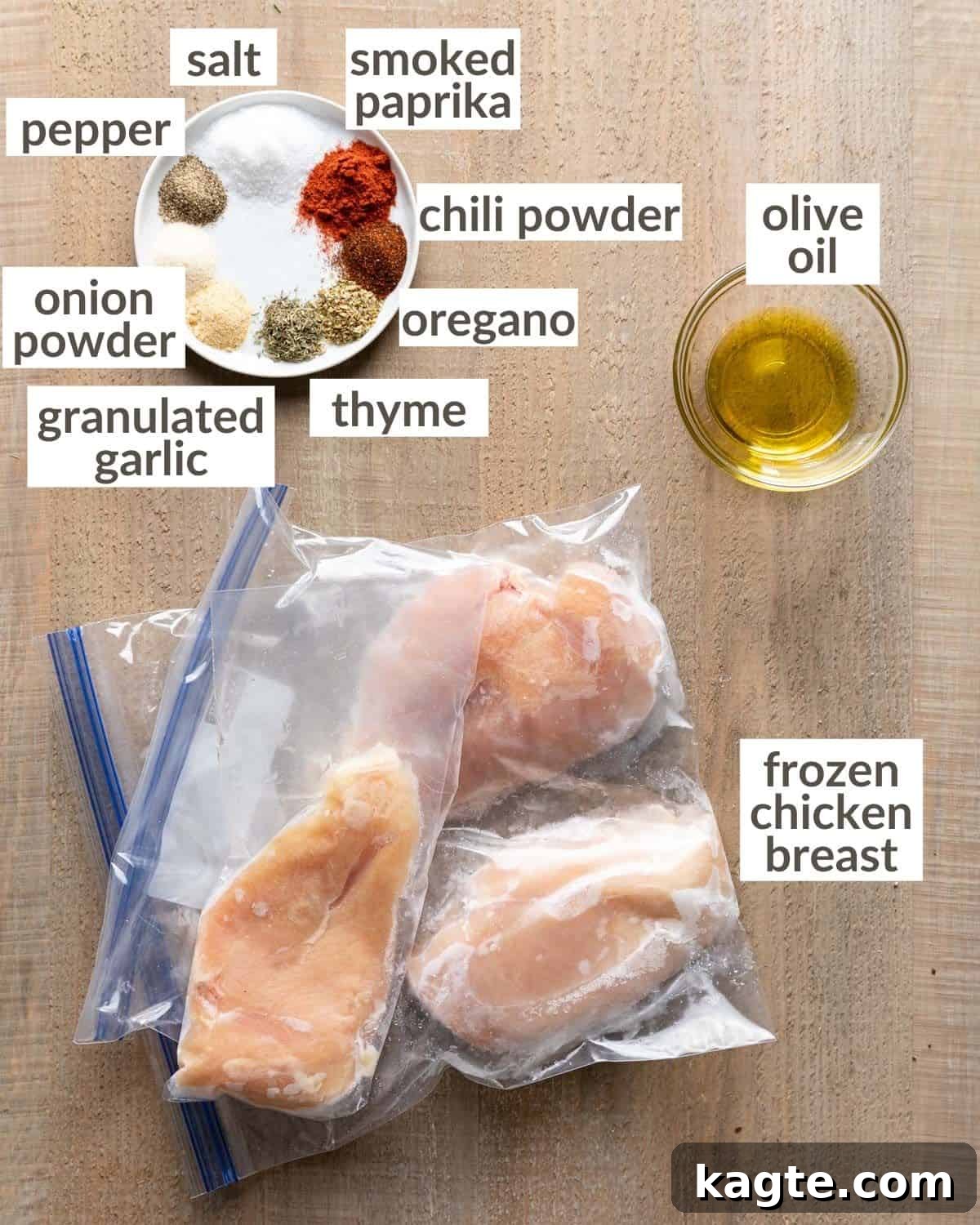 Overhead image of ingredients needed to make air fryer frozen chicken breasts. 