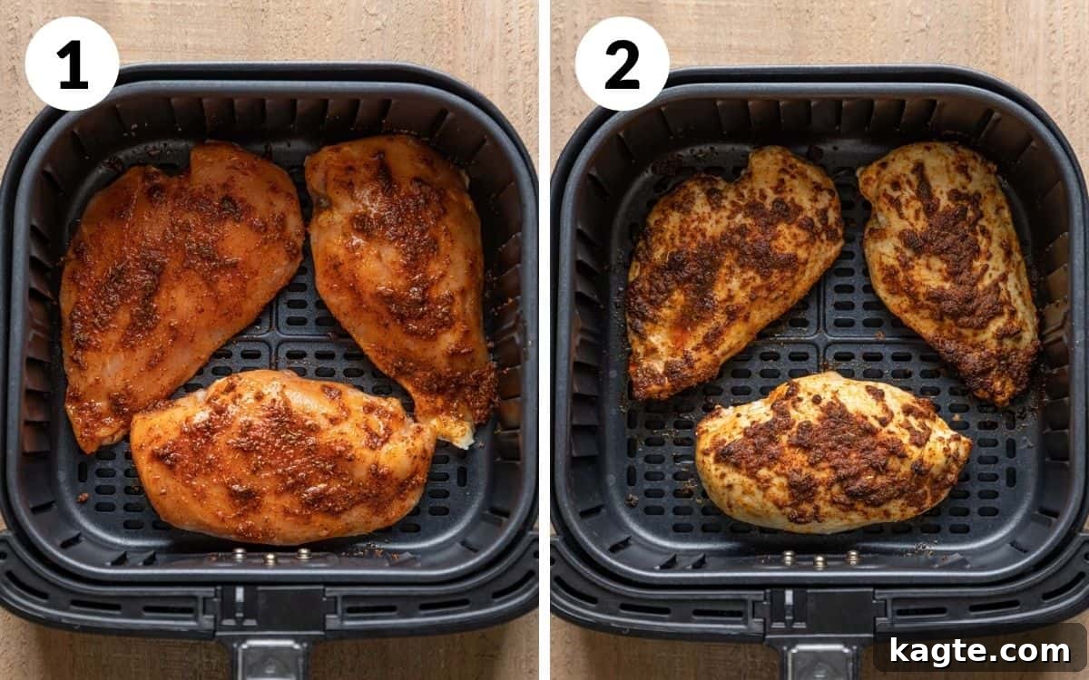 A two photo collage showing the beginning steps of air fryer frozen chicken breasts. 