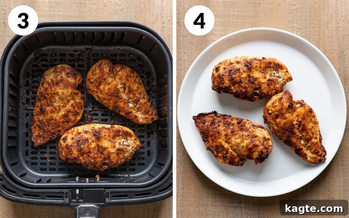 A two photo collage showing the final steps for air fryer frozen chicken breasts. 