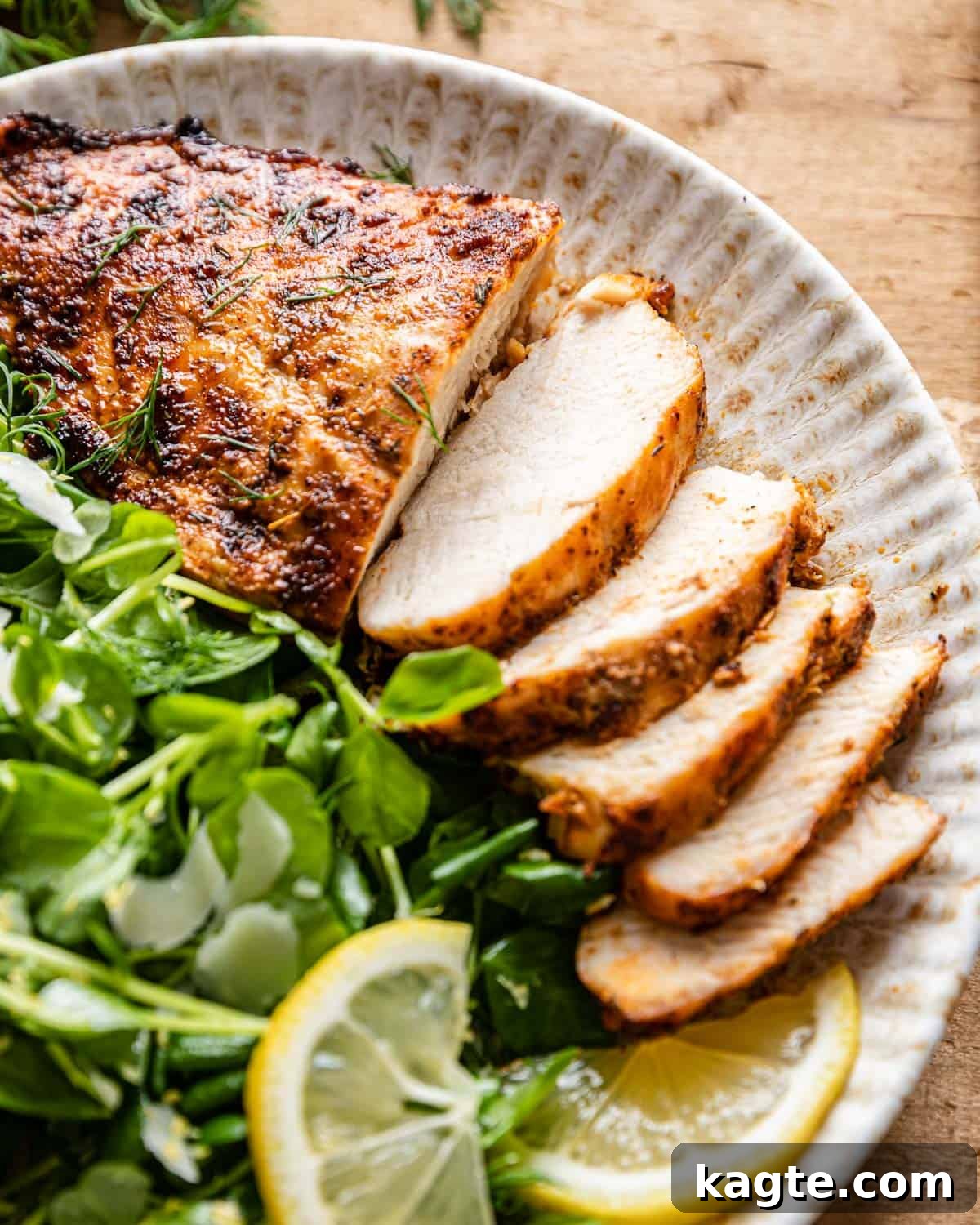 Up close image of air fryer frozen chicken breasts with side salad and lemon. 