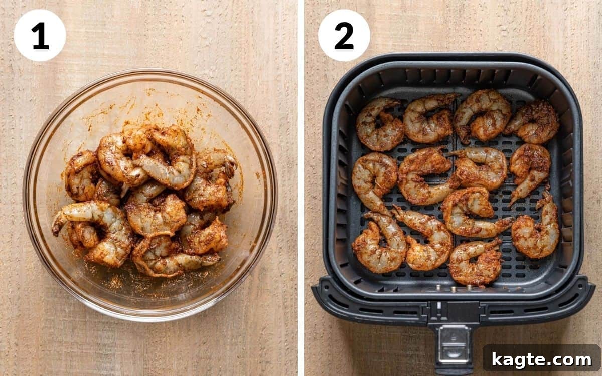 Two-photo collage illustrating the initial steps of preparing air fryer shrimp tacos, featuring raw shrimp being seasoned in a bowl and then carefully placed in a single layer within the air fryer basket.