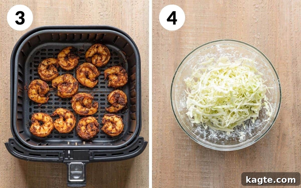 Two-photo collage displaying the final stages of air fryer shrimp taco preparation, showing perfectly cooked, pink shrimp in the air fryer and a finished taco being assembled with shrimp and creamy slaw.