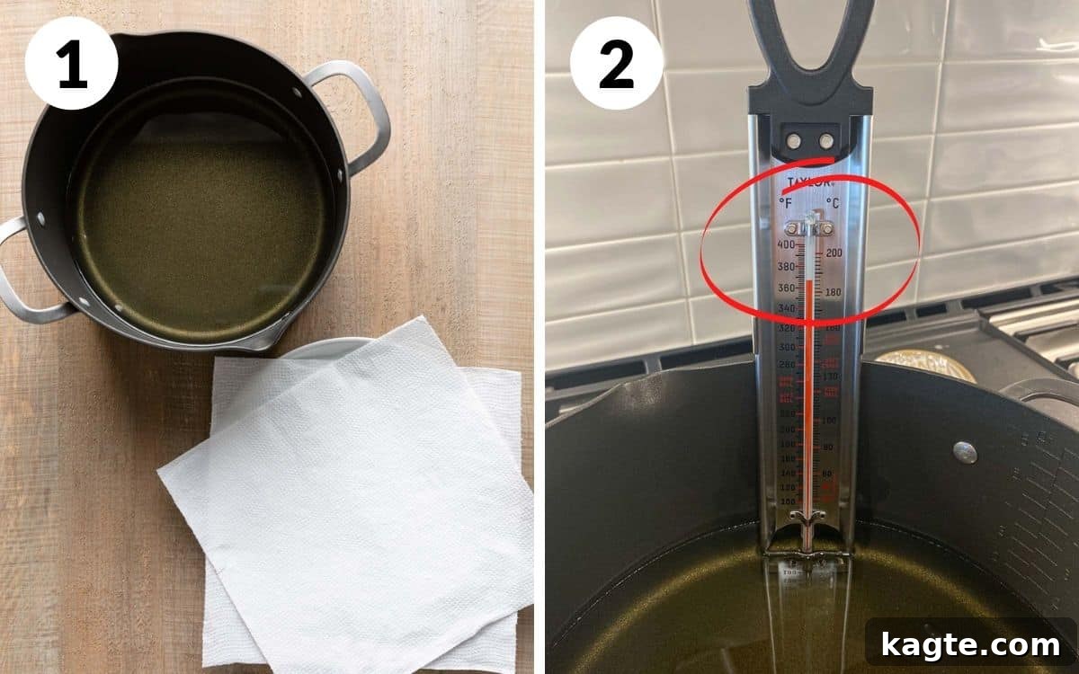 Steps 1 & 2: Preparing a paper towel-lined plate and heating vegetable oil in a pot to 360-375 degrees Fahrenheit.