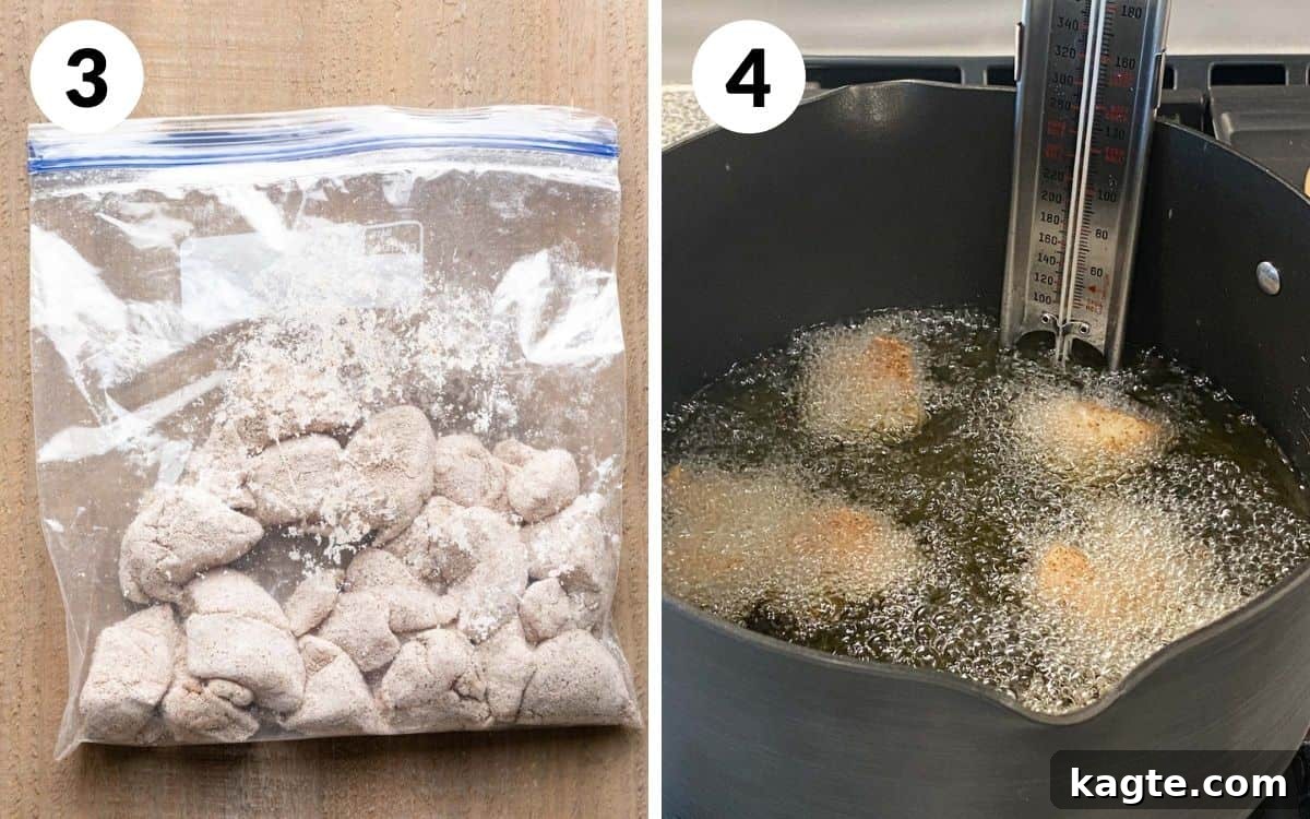 Steps 3 & 4: Coating chicken with spices and cornstarch in a bag, then carefully adding chicken pieces to hot oil for frying.