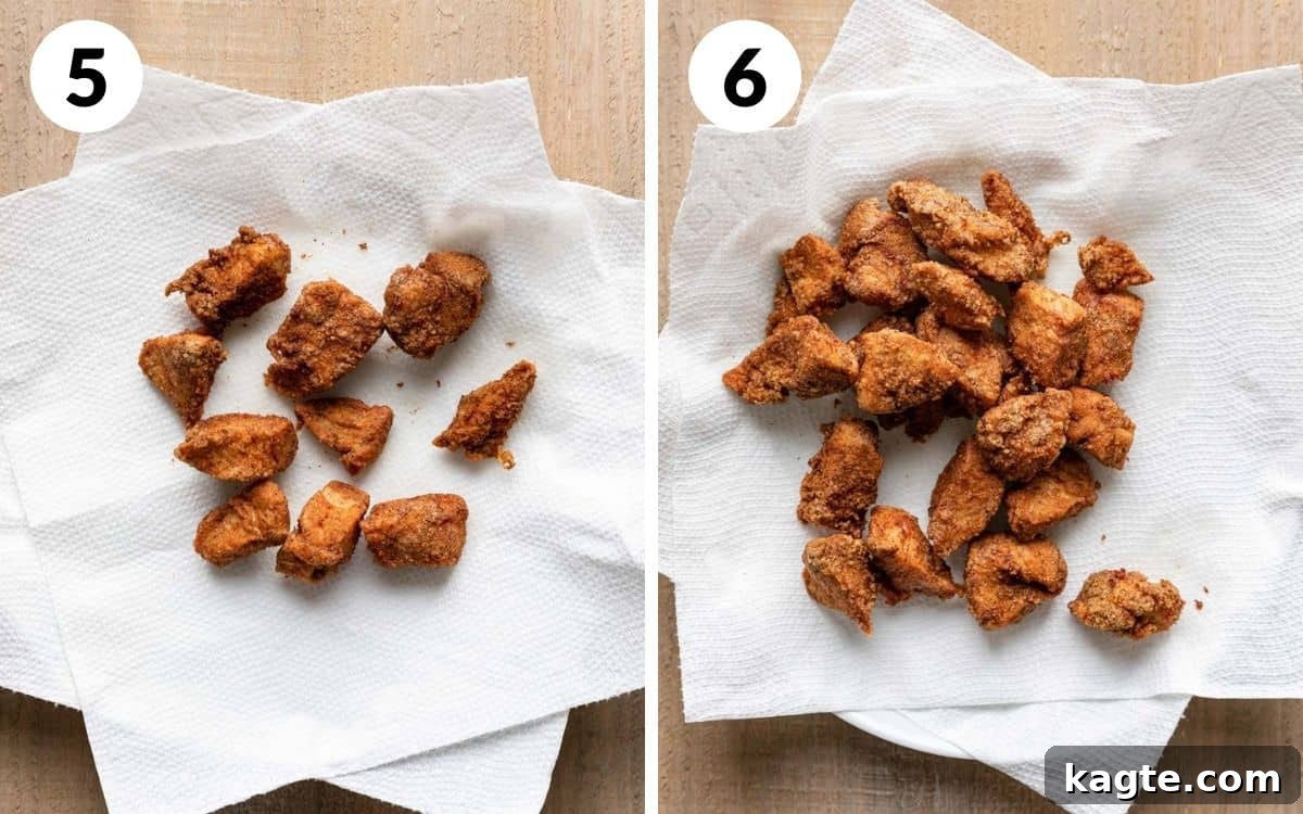 Steps 5 & 6: Fried chicken draining on a paper towel-lined plate, ready for the next batch.