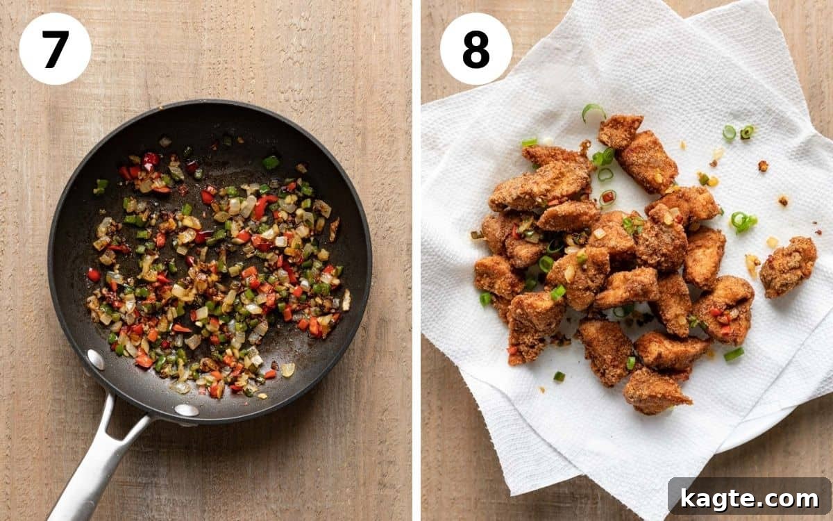 Steps 7 & 8: Sautéing vegetables in a pan and then topping the salt and pepper chicken with the cooked aromatics and scallions.