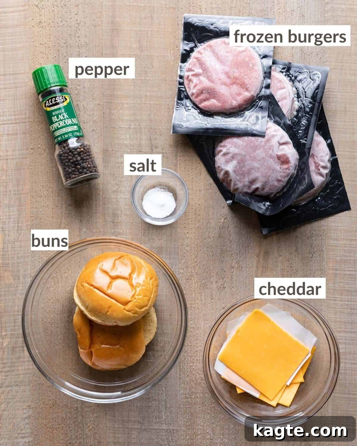 From Frozen to Fabulous: Air Fryer Hamburger Patties 3 Overhead image of ingredients needed to make frozen burgers in the air fryer.