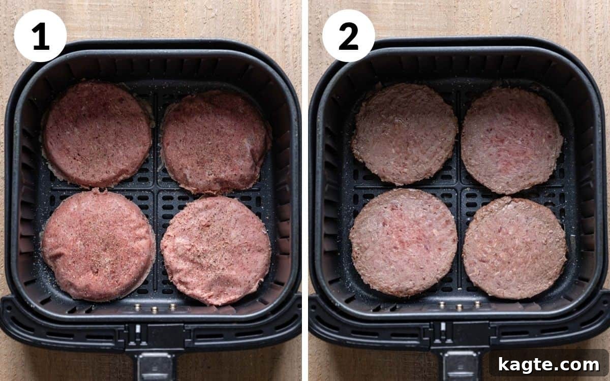 From Frozen to Fabulous: Air Fryer Hamburger Patties 4 A two photo collage showing the first steps for frozen burgers in the air fryer.