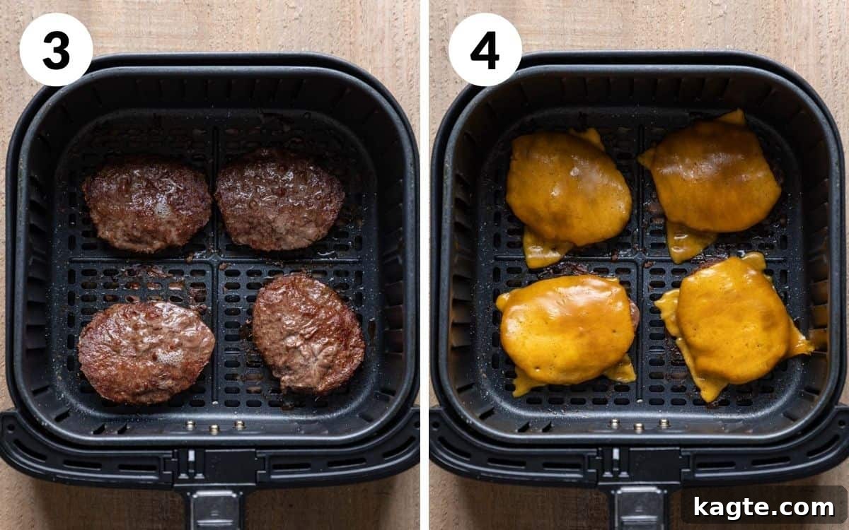 From Frozen to Fabulous: Air Fryer Hamburger Patties 5 A two photo collage showing steps 3 and 4 for frozen burgers in the air fryer.