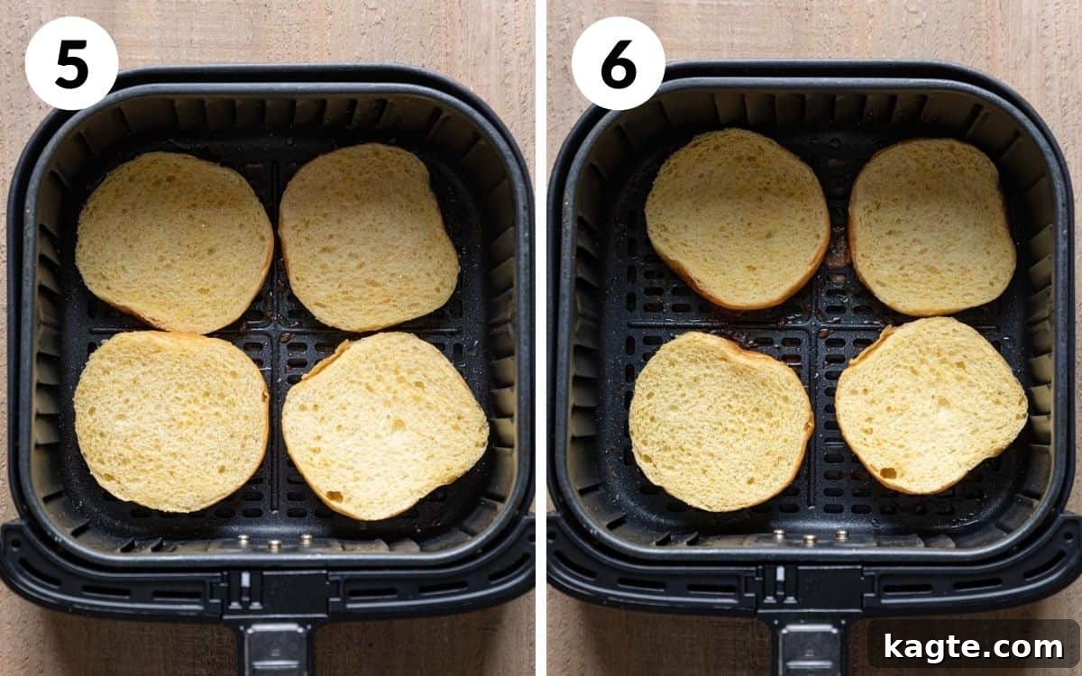 From Frozen to Fabulous: Air Fryer Hamburger Patties 6 A two photo collage showing steps 5 and 6 for frozen burgers in the air fryer.