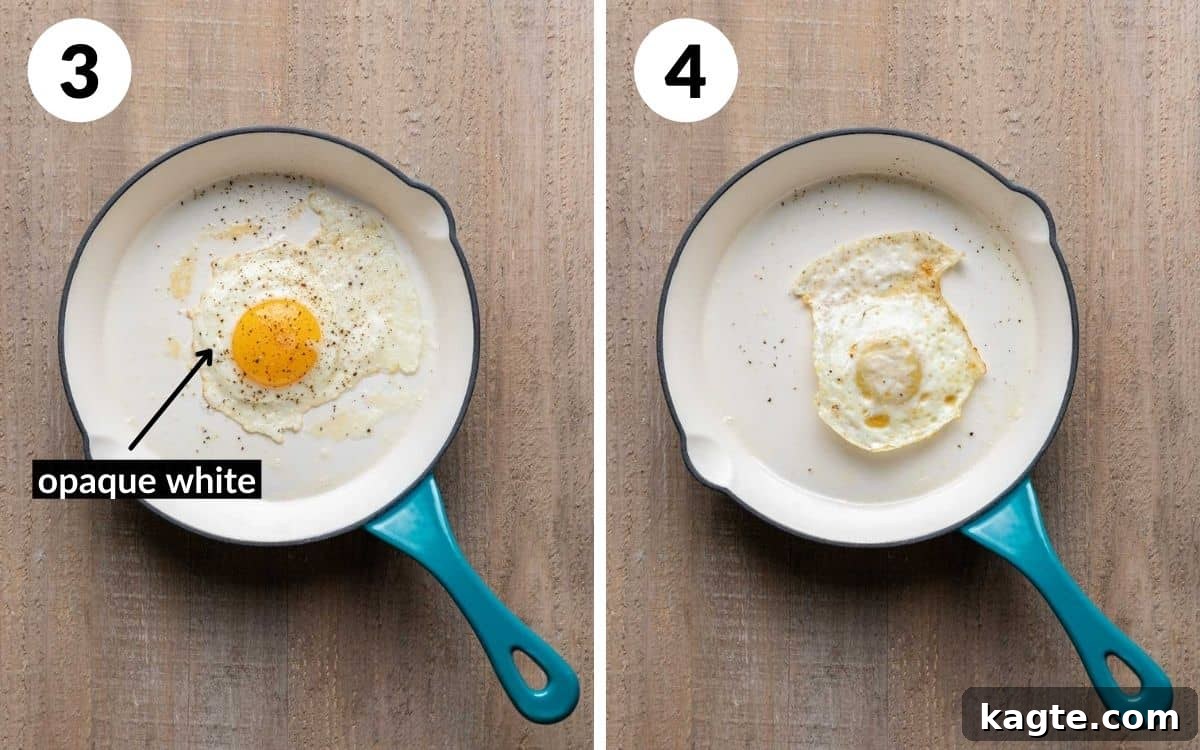Solid Gold Yolks 5 The egg white is opaque and firm around the yolk, and the egg has been perfectly flipped in the pan to cook the second side.