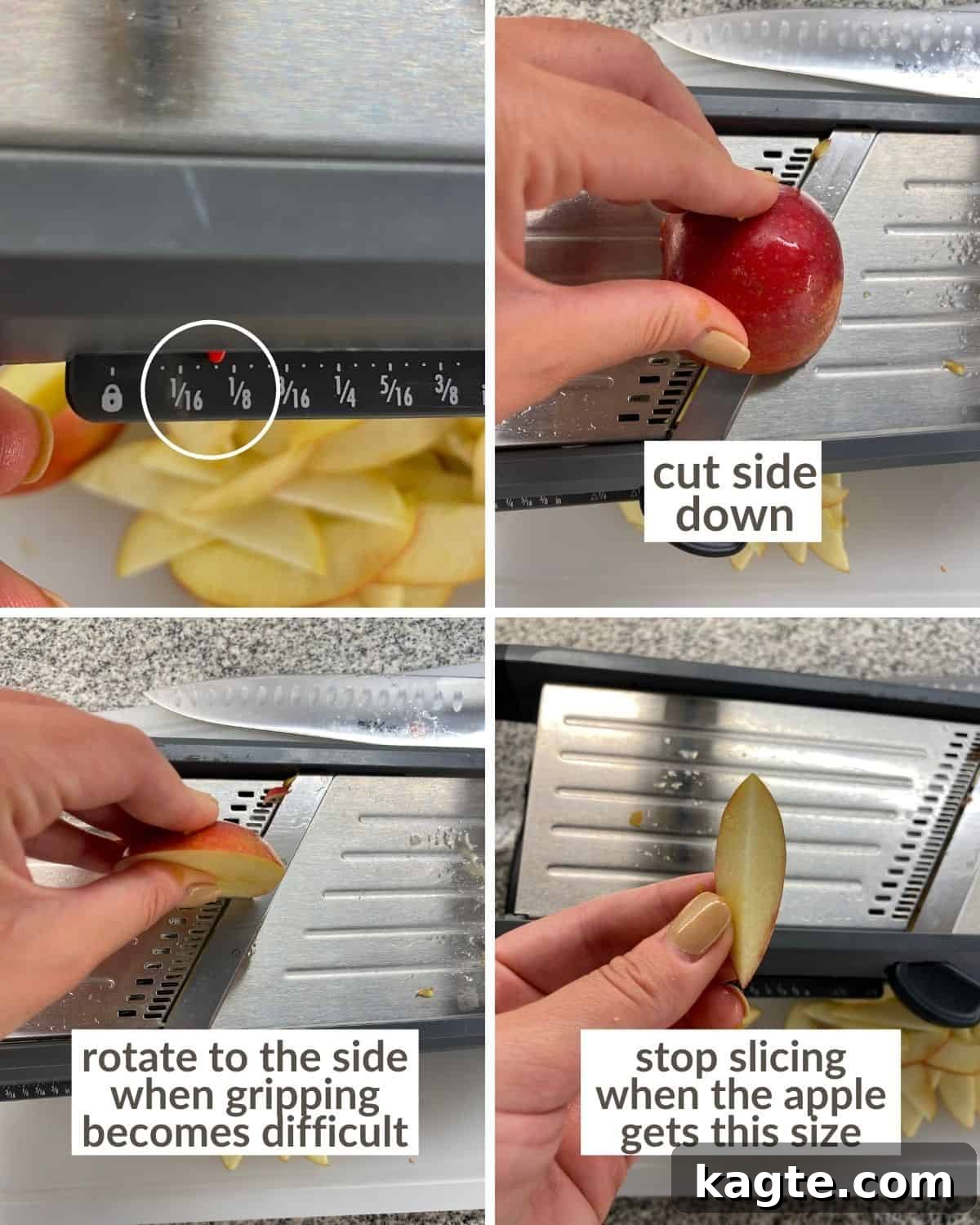 Luscious Apple Curd 5 An apple being thinly sliced on a mandoline slicer, demonstrating the correct technique.