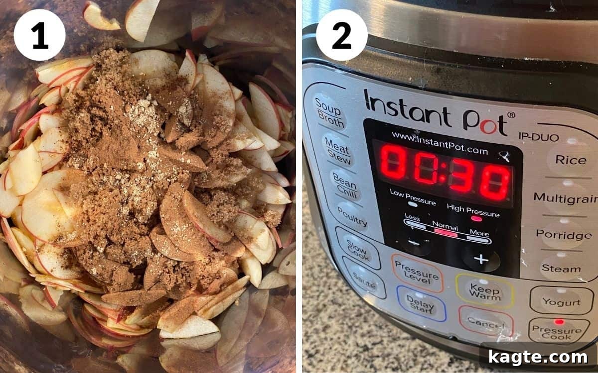 Luscious Apple Curd 6 Apples and other ingredients layered in the Instant Pot, with the Instant Pot screen displaying 30 minutes for pressure cooking.
