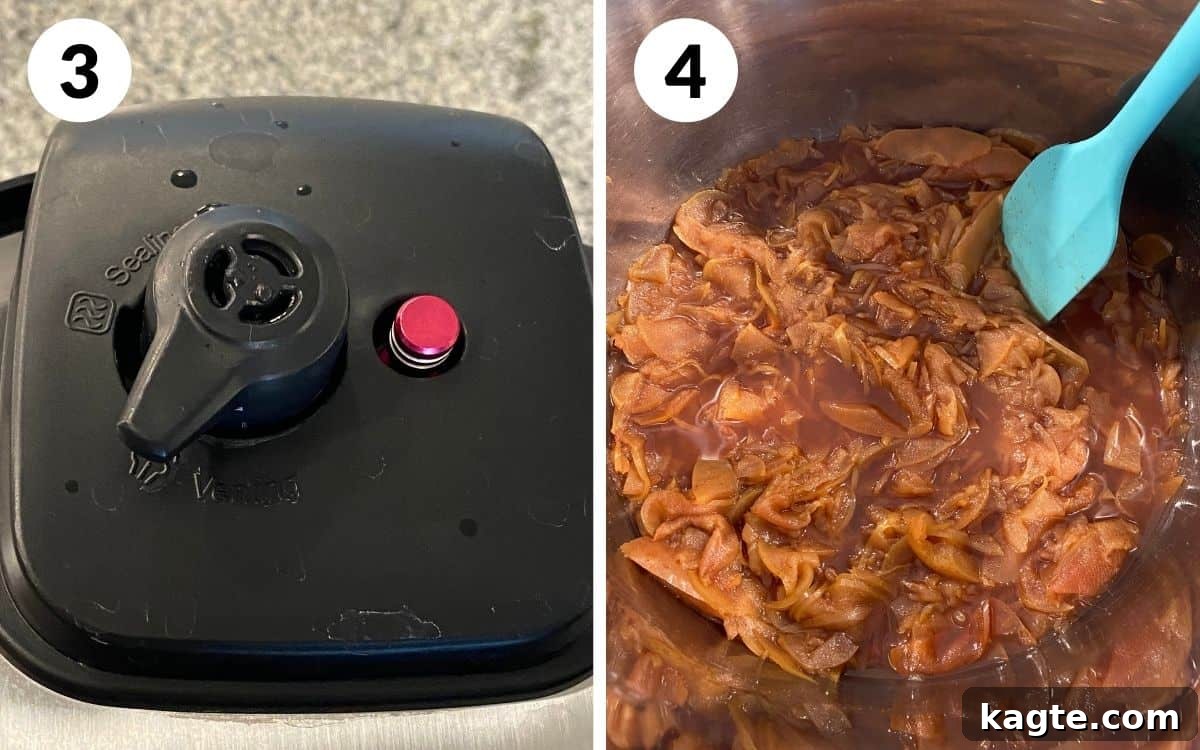 Luscious Apple Curd 7 Instant Pot valve turned to venting, releasing steam. A spoon is shown stirring cooked apples with vanilla added into the pot.