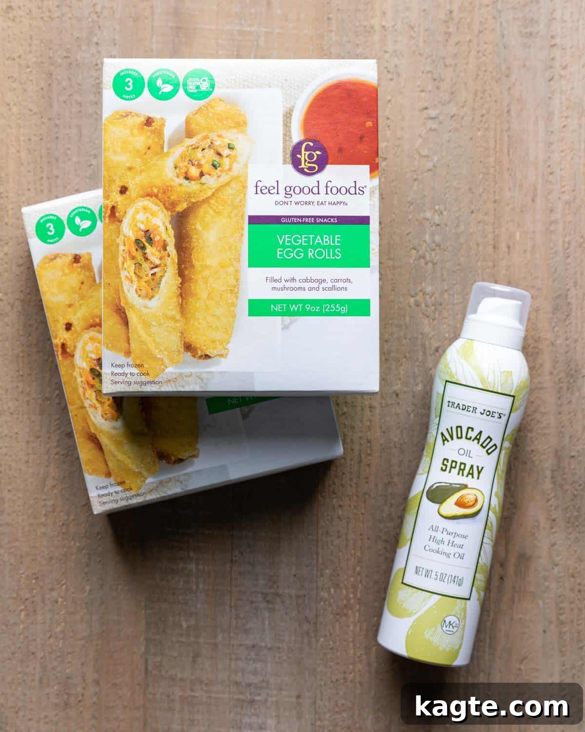 Crispy Air Fried Frozen Egg Rolls 3 Overhead image showing frozen egg rolls and a bottle of avocado oil spray, the two main ingredients for air frying.