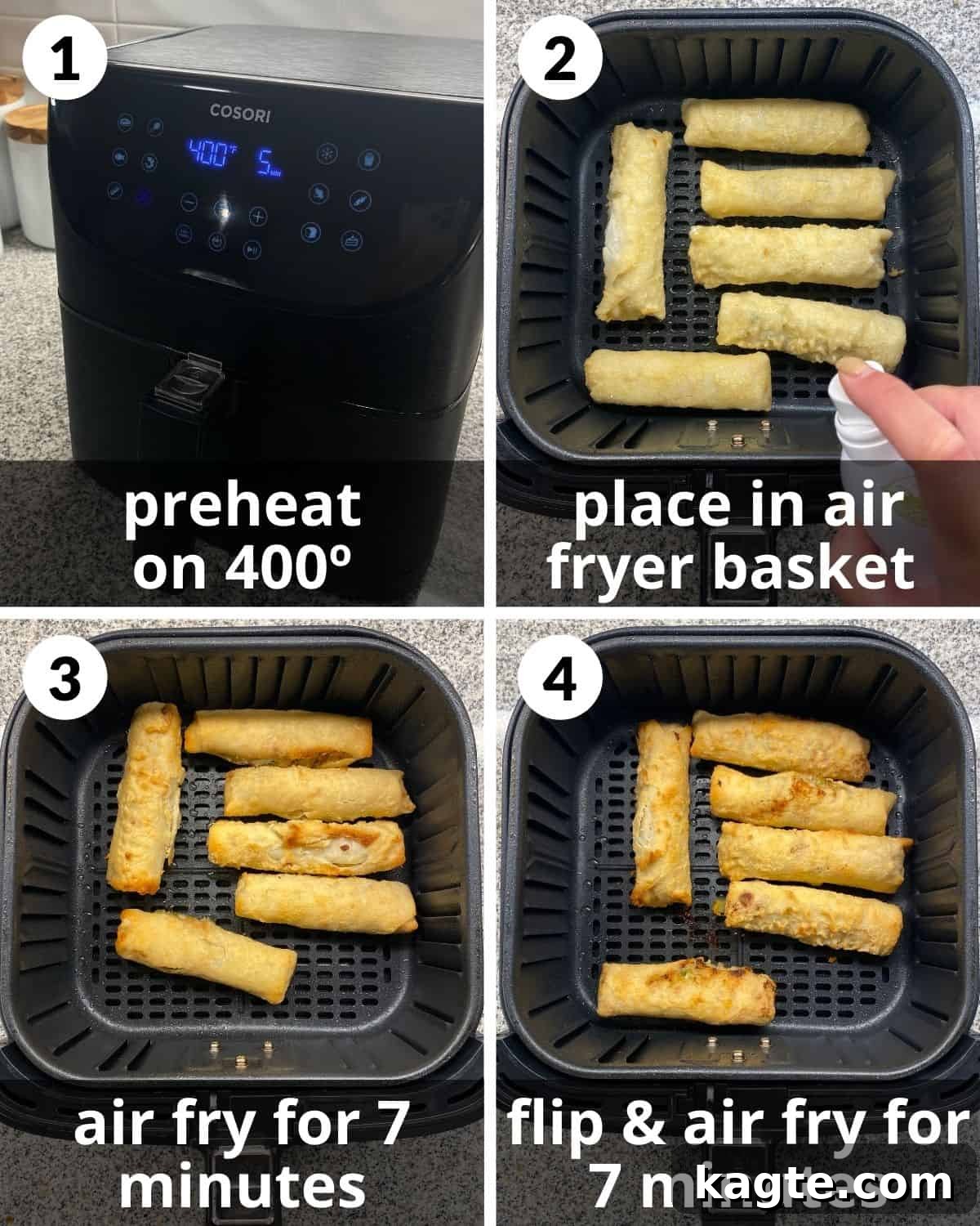 Crispy Air Fried Frozen Egg Rolls 4 A four-photo collage showing the process of air frying egg rolls: preheating, arranging, first fry, and flipping.