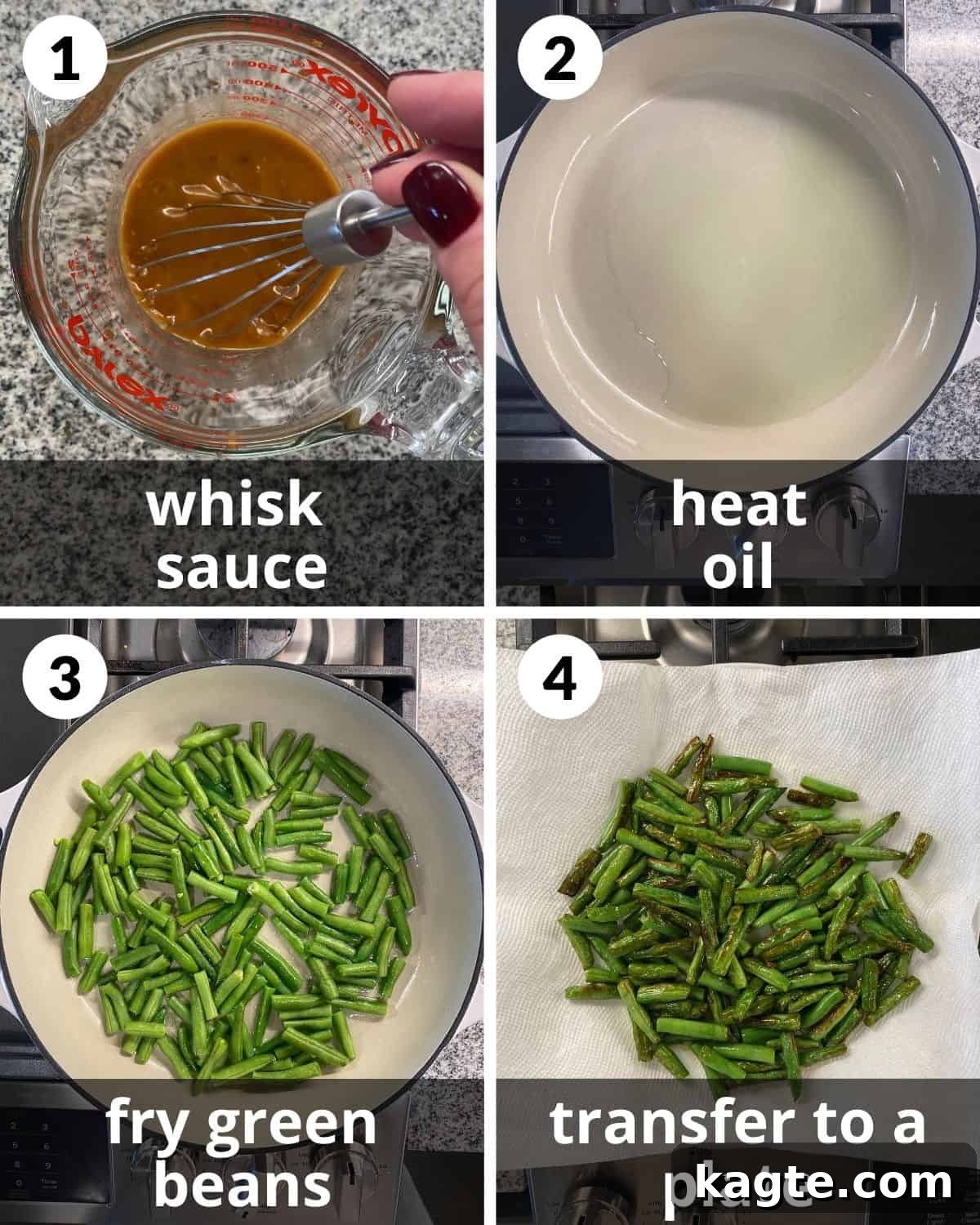 4 photos. Sauce in measuring cup. Oil in pan. Green beans cooking. And on paper towel.
