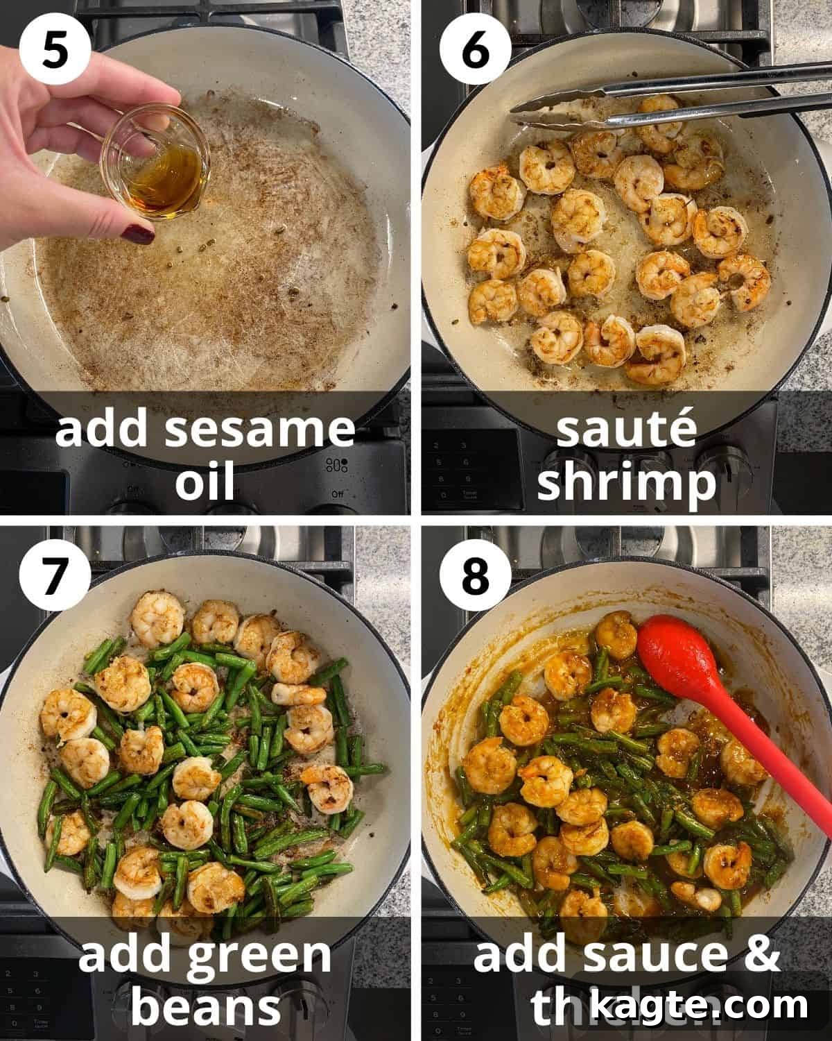 4 photos. Sesame oil being poured. Shrimp cooking. Green beans added. Sauce added. 