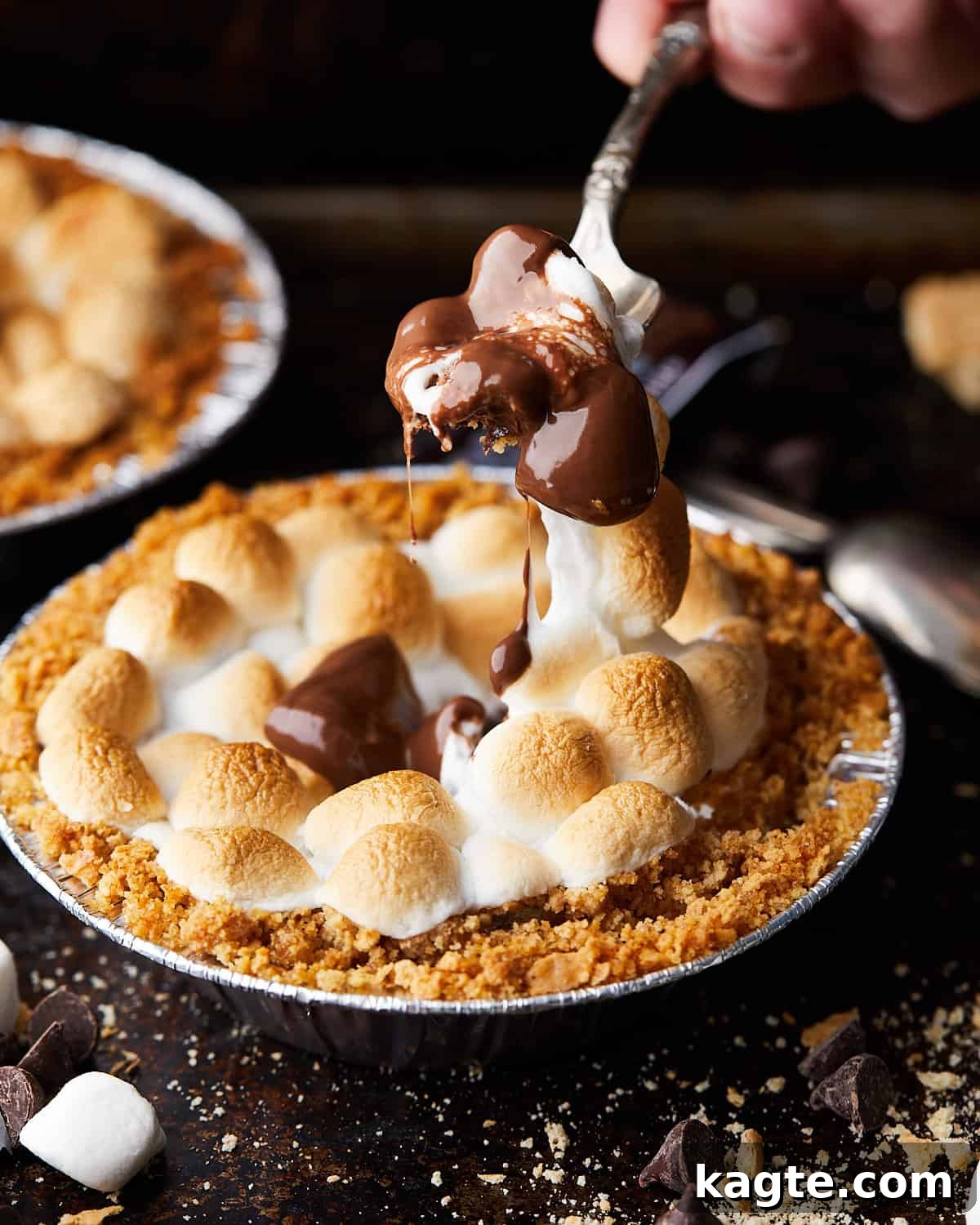 Individual Graham Cracker S'mores Tartlets 2 Image of mini s'mores pie, showcasing the gooey chocolate and perfectly toasted marshmallows on a golden graham cracker crust.