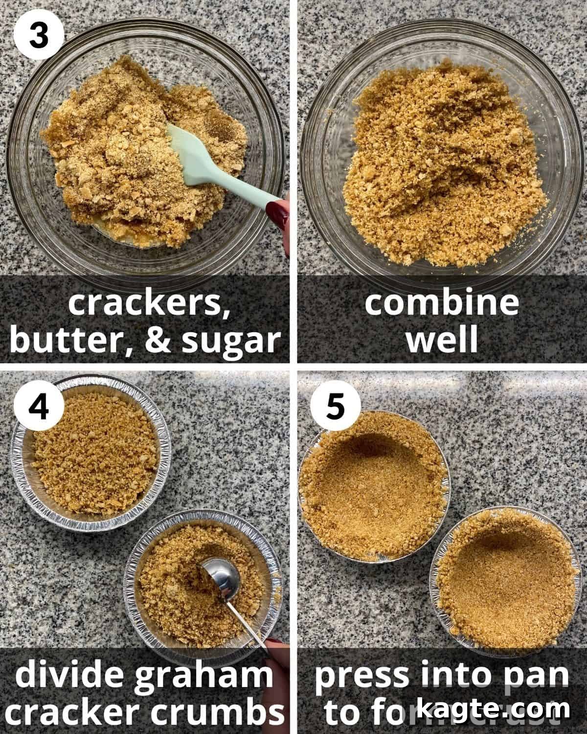 Individual Graham Cracker S'mores Tartlets 5 A four photo collage showing steps 3, 4 and 5 to make s'mores mini pies: mixing crust ingredients, dividing into pans, and pressing crusts.