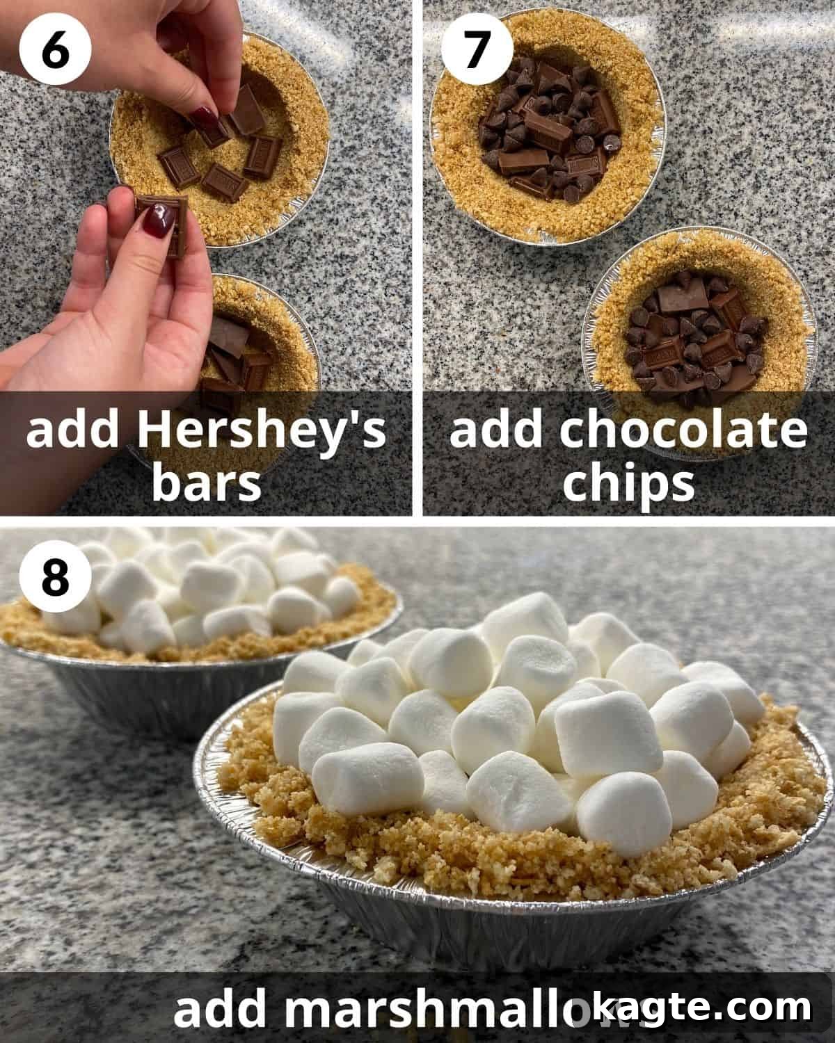 Individual Graham Cracker S'mores Tartlets 6 A 3 photo collage showing steps 6, 7 and 8 to making s'mores mini pies: adding chocolate bars, chocolate chips, and marshmallows.
