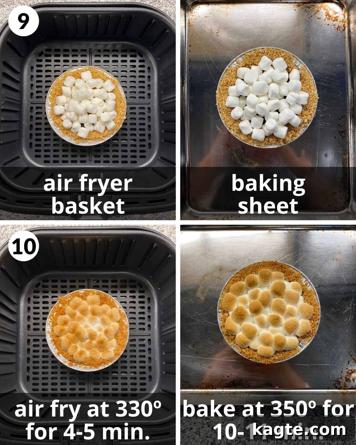 Individual Graham Cracker S'mores Tartlets 7 A 4 photo collage showing steps 9 and 10 to making s'mores mini pies: placing pies in air fryer/oven and the final toasted result.
