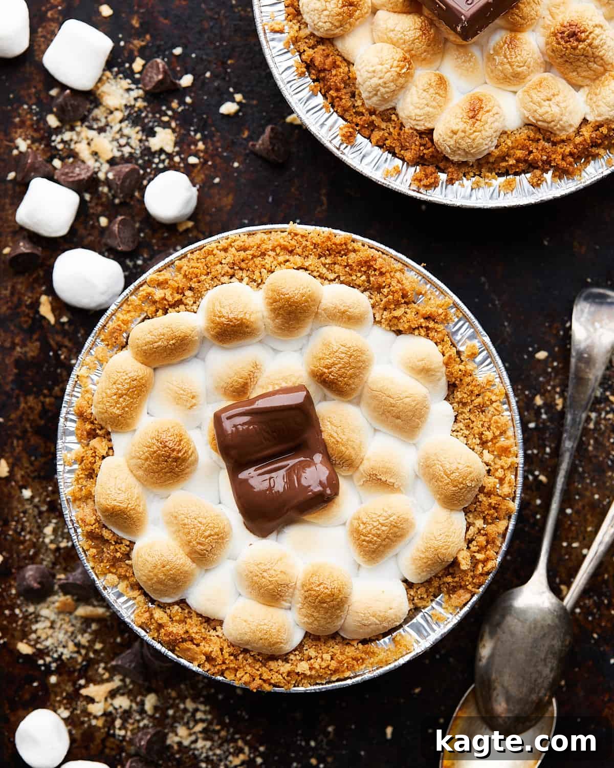 Individual Graham Cracker S'mores Tartlets 8 Overhead image of a single s'mores mini pie, showing the toasted marshmallow peaks and melted chocolate within the crust.